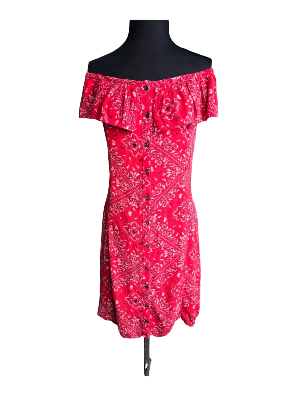 Mudd Off-Shoulder Red Bandana-Print Flowy Mini Dress Sz S Costal Cowgirl Western